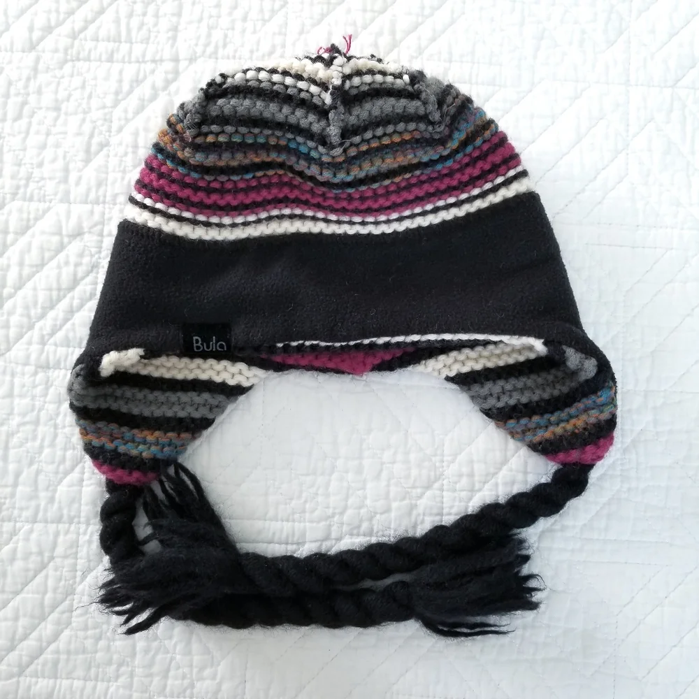 Bula Stripe Wool Knit Pom Pom Ear Flap Tassel Fleece Lined Hat Made In Canada